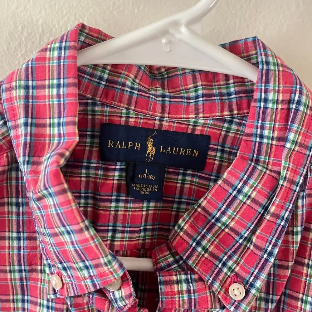 Ralph Lauren Boys Large 14/16 Red Tattersall Plaid Button Down Shirt Sleeve